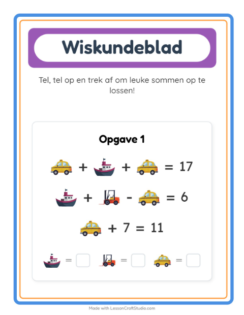 Voorbeeld van het Rekenwerkblad-werkblad met Voertuigen voor kleuterklas