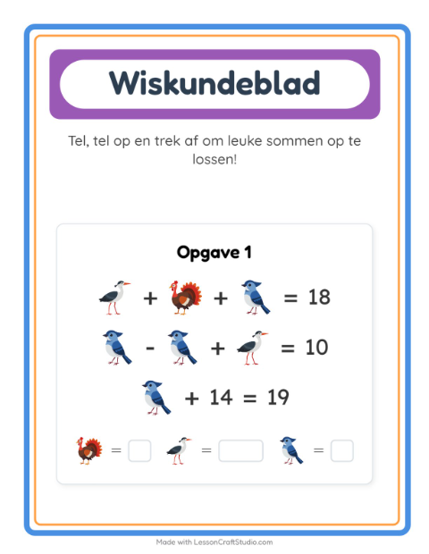 Voorbeeld van het Rekenwerkblad-werkblad met Vogels 2 voor kleuterklas