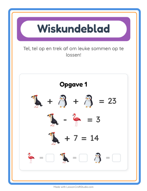Voorbeeld van het Rekenwerkblad-werkblad met Vogels voor kleuterklas