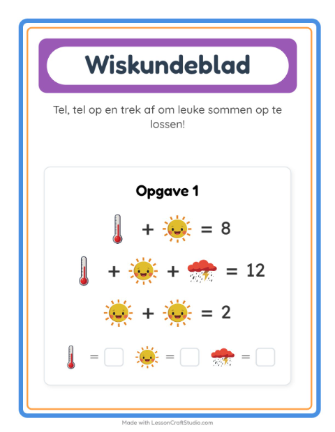 Voorbeeld van het Rekenwerkblad-werkblad met Weer voor kleuterklas