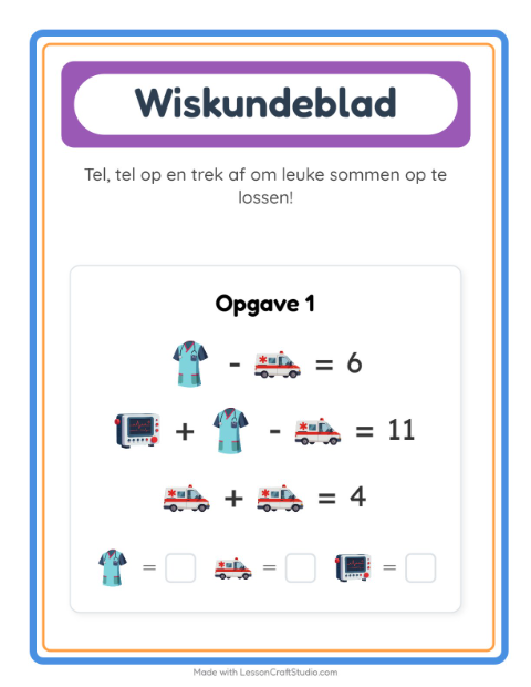 Voorbeeld van het Rekenwerkblad-werkblad met Ziekenhuis voor kleuterklas
