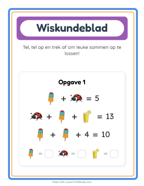 Voorbeeld van het Rekenwerkblad-werkblad met Zomer voor kleuterklas