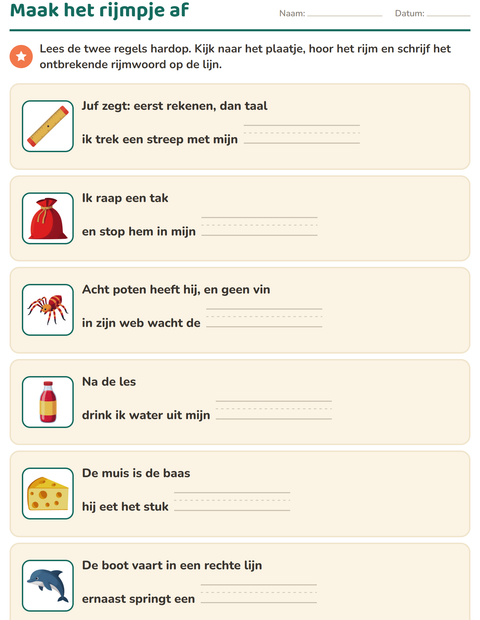 Voorbeeld van het Rijmwoorden-werkblad voor groep 3