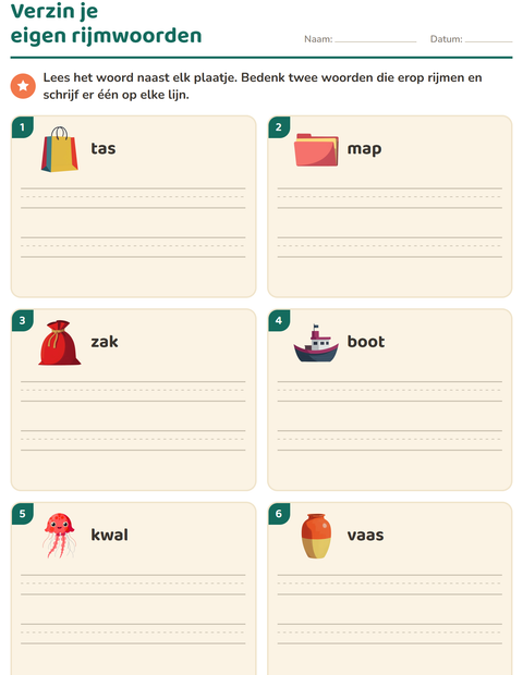 Voorbeeld van het Rijmwoorden-werkblad voor groep 3