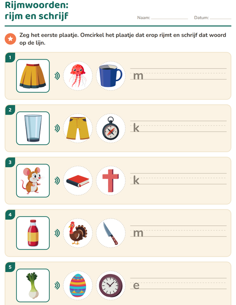 Voorbeeld van het Rijmwoorden-werkblad voor groep 3