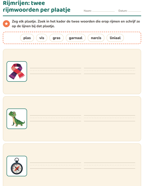 Voorbeeld van het Rijmwoorden-werkblad voor groep 3