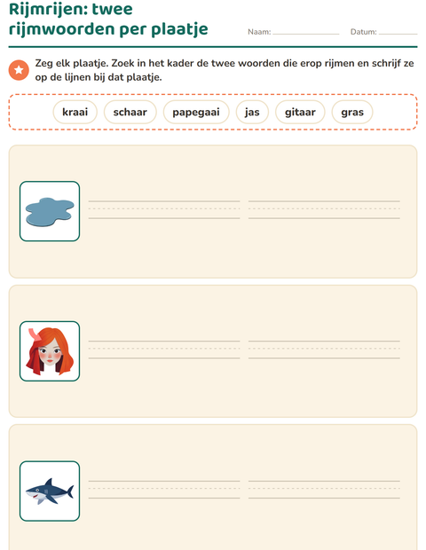 Voorbeeld van het Rijmwoorden-werkblad voor groep 3