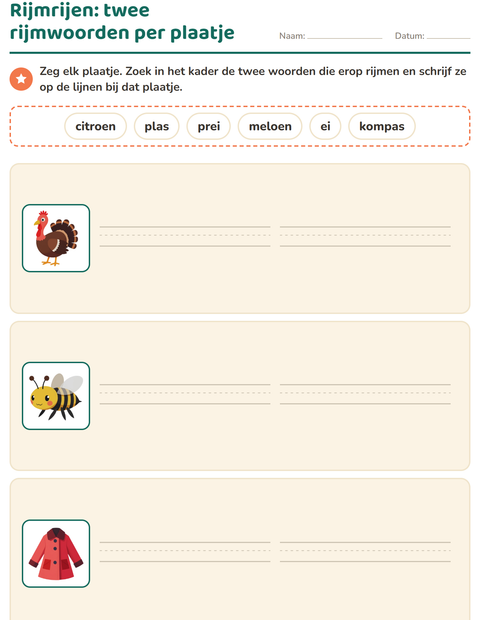 Voorbeeld van het Rijmwoorden-werkblad voor groep 3