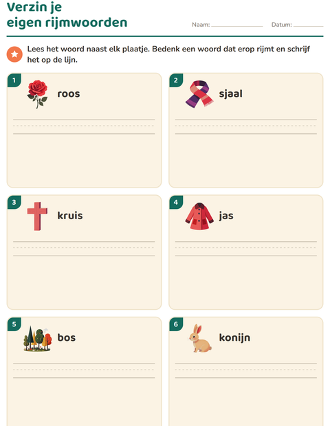 Voorbeeld van het Rijmwoorden-werkblad voor groep 3