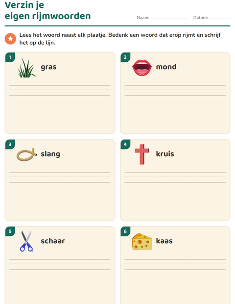 Voorbeeld van het Rijmwoorden-werkblad voor groep 3