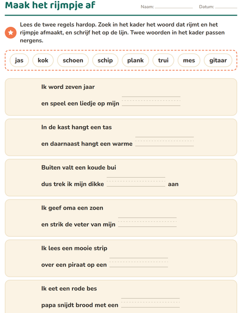 Voorbeeld van het Rijmwoorden-werkblad voor groep 3