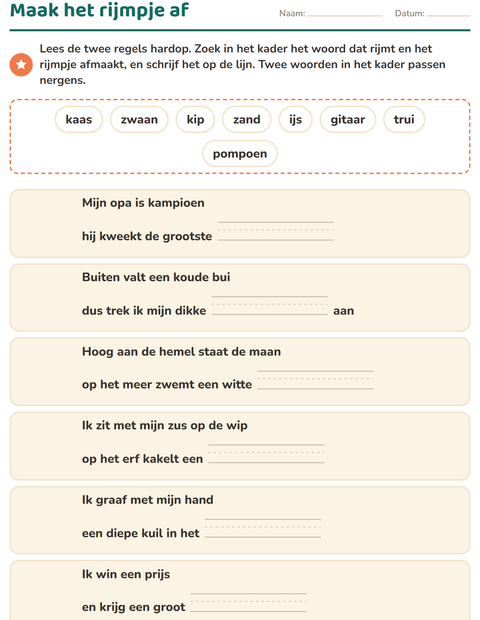 Voorbeeld van het Rijmwoorden-werkblad voor groep 3