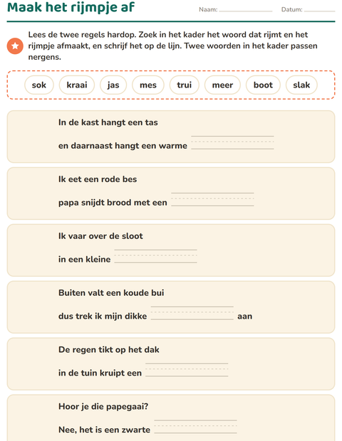 Voorbeeld van het Rijmwoorden-werkblad voor groep 3