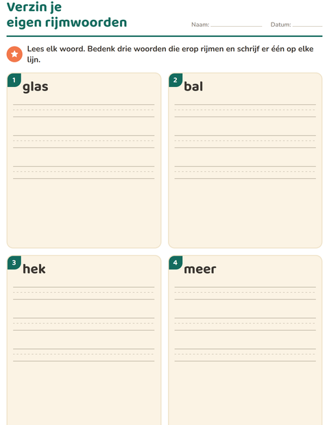 Voorbeeld van het Rijmwoorden-werkblad voor groep 3