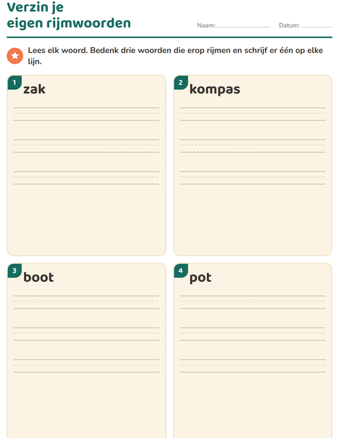 Voorbeeld van het Rijmwoorden-werkblad voor groep 3