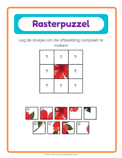 Voorbeeld van het Rooster Koppelen-werkblad met Bloemen voor kleuterklas