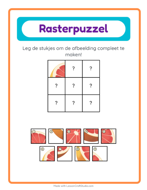 Voorbeeld van het Rooster Koppelen-werkblad met Fruit voor kleuterklas