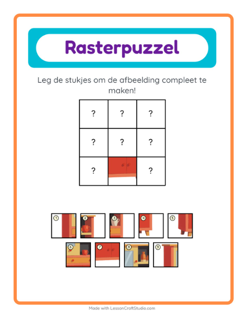 Voorbeeld van het Rooster Koppelen-werkblad met Rond het huis voor kleuterklas