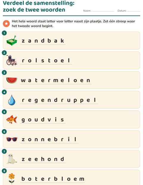 Voorbeeld van het Samenstellingen-werkblad voor groep 4