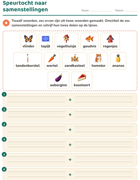 Voorbeeld van het Samenstellingen-werkblad voor groep 4