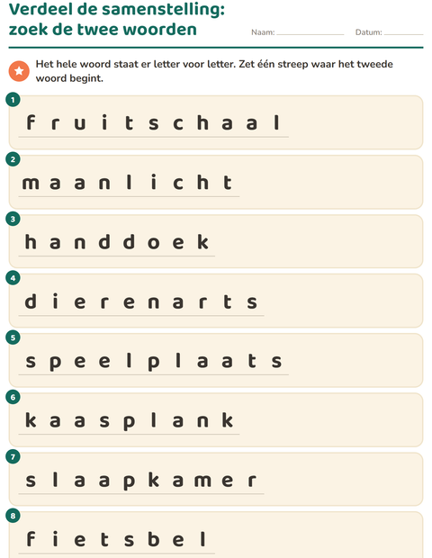Voorbeeld van het Samenstellingen-werkblad voor groep 4