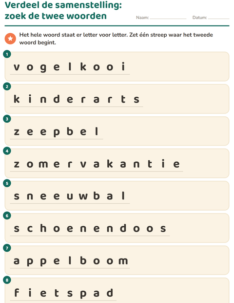 Voorbeeld van het Samenstellingen-werkblad voor groep 4