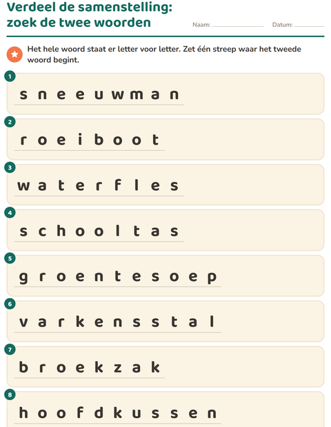 Voorbeeld van het Samenstellingen-werkblad voor groep 4