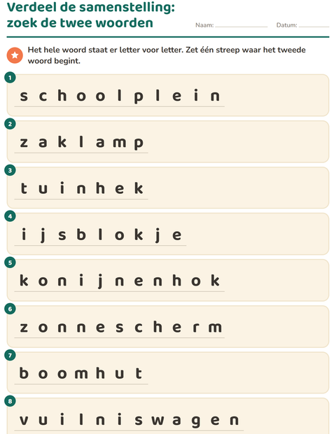 Voorbeeld van het Samenstellingen-werkblad voor groep 4