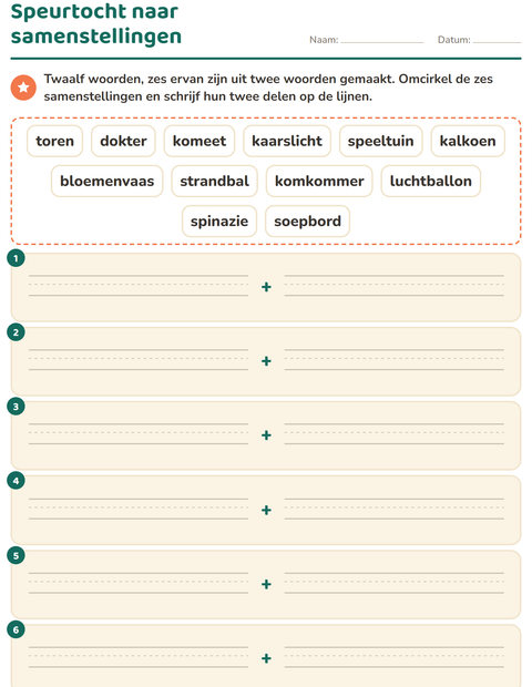 Voorbeeld van het Samenstellingen-werkblad voor groep 4
