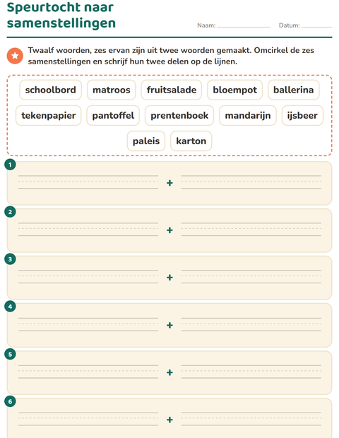 Voorbeeld van het Samenstellingen-werkblad voor groep 4