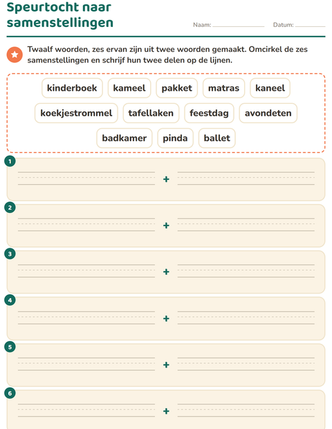 Voorbeeld van het Samenstellingen-werkblad voor groep 4