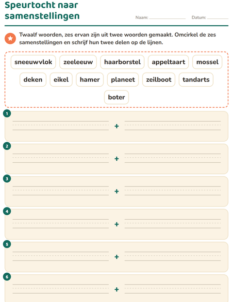 Voorbeeld van het Samenstellingen-werkblad voor groep 4
