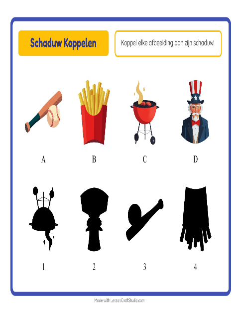 Voorbeeld van het Schaduw Koppelen-werkblad met 4 juli voor kleuterklas