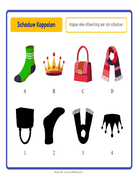 Voorbeeld van het Schaduw Koppelen-werkblad met Accessoires voor kleuterklas