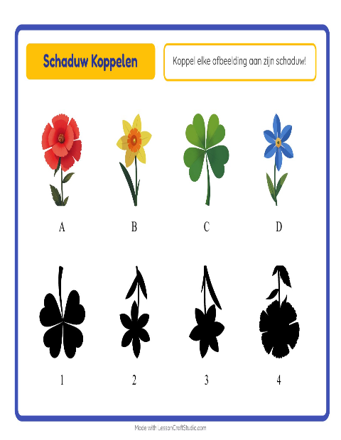 Voorbeeld van het Schaduw Koppelen-werkblad met Bloemen voor kleuterklas