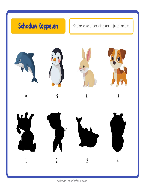 Voorbeeld van Koppel dieren aan de schaduw – werkblad voor kleuters