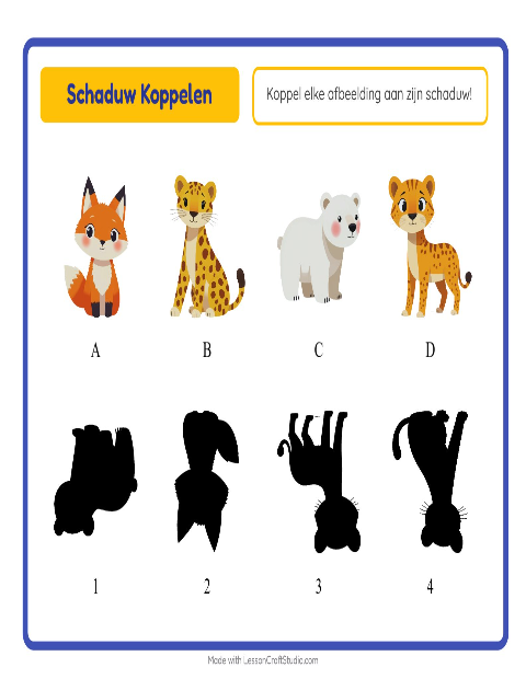 Voorbeeld van het Schaduw Koppelen-werkblad met Dierentuindieren voor kleuterklas