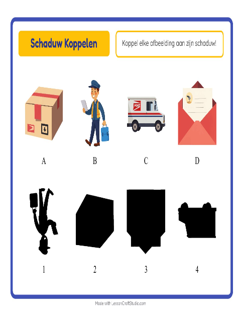 Voorbeeld van het Schaduw Koppelen-werkblad met Postkantoor voor kleuterklas