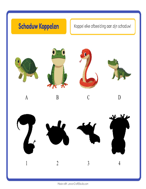 Voorbeeld van het Schaduw Koppelen-werkblad met Reptielen en amfibieën voor kleuterklas