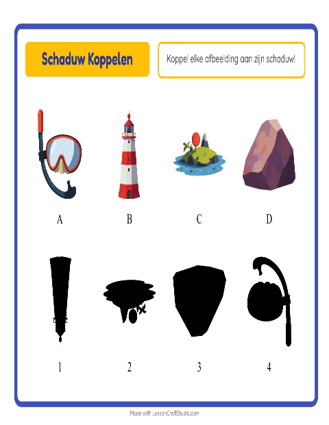 Voorbeeld van het Schaduw Koppelen-werkblad met Strand voor kleuterklas