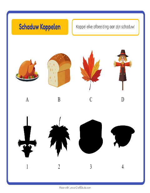 Voorbeeld van het Schaduw Koppelen-werkblad met Thanksgiving voor kleuterklas