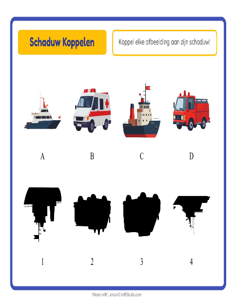Voorbeeld van het Schaduw Koppelen-werkblad met Voertuigen voor kleuterklas