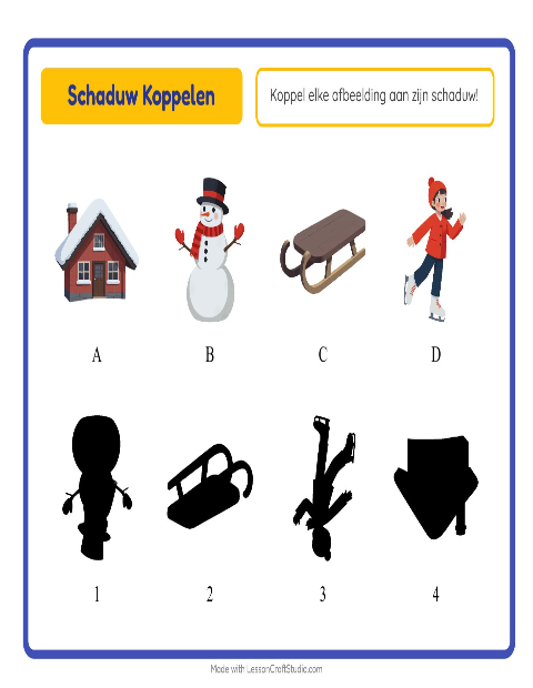 Voorbeeld van het Schaduw Koppelen-werkblad met Winter voor kleuterklas