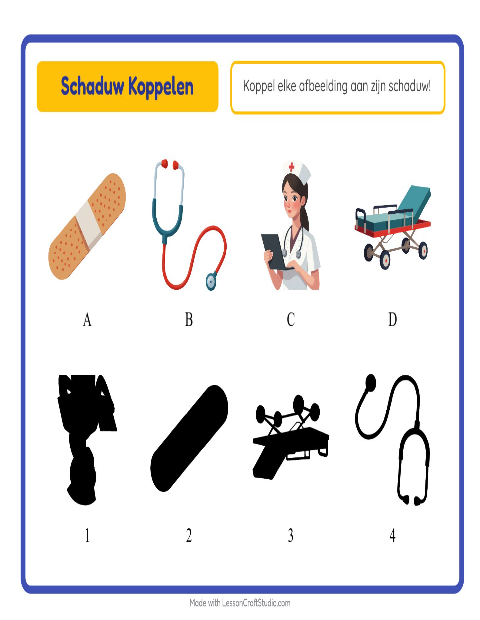 Voorbeeld van het Schaduw Koppelen-werkblad met Ziekenhuis voor kleuterklas