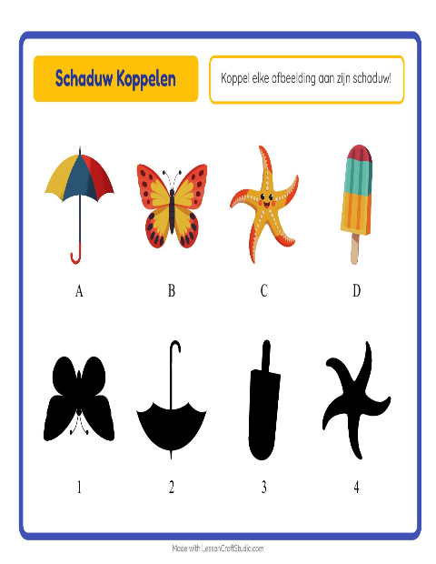 Voorbeeld van het Schaduw Koppelen-werkblad met Zomer voor kleuterklas