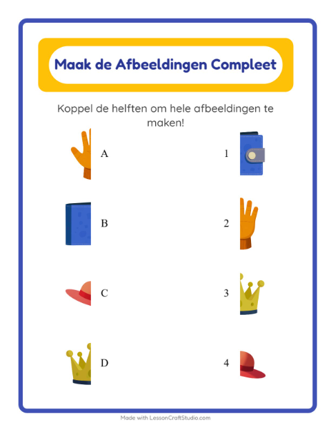 Voorbeeld van het Schaduw Koppelen-werkblad met Accessoires voor kleuterklas