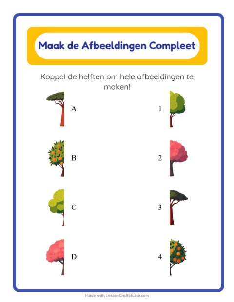 Voorbeeld van het Schaduw Koppelen-werkblad met Bomen voor kleuterklas