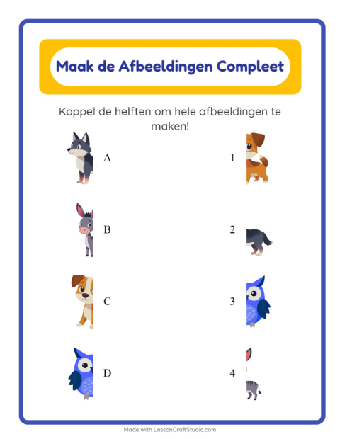 Voorbeeld van het Schaduw Koppelen-werkblad met Dieren voor kleuterklas