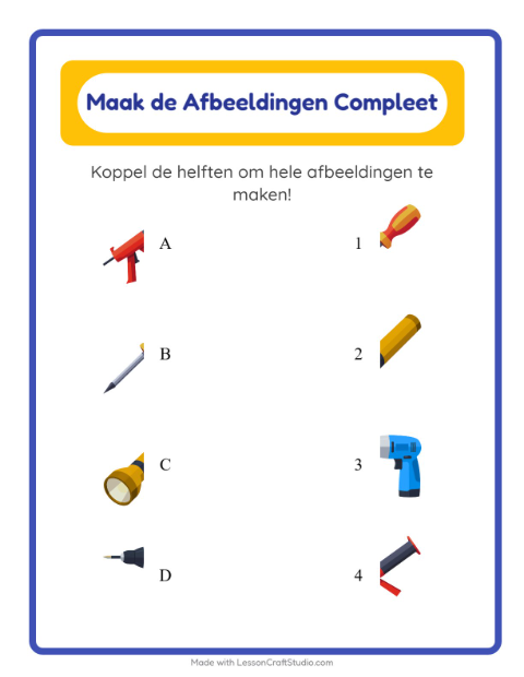 Voorbeeld van het Schaduw Koppelen-werkblad met Gereedschap voor kleuterklas