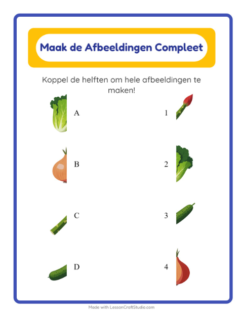 Voorbeeld van het Schaduw Koppelen-werkblad met Groenten voor kleuterklas